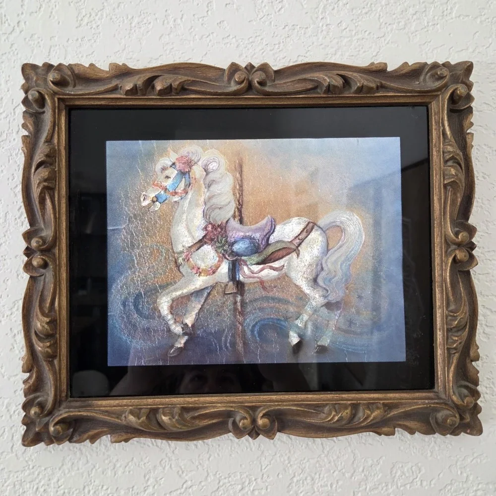 Antique Faux Wood Ornate Carved Frame With Foil Carousel Horse Print 12